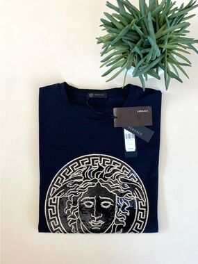 VERSACE - Black Tee with Sequin Gold Medusa